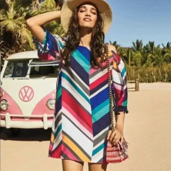 Trina Turk Amaris Off Shoulder Chevron 3/4 Bell Sleeve Shift Dress Colorful M - Picture 2 of 13